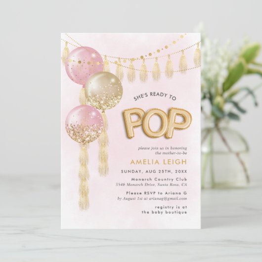Sie ist bereit zum Pop Confetti Tassel Balloons Einladung (Stehend Vorderseite)