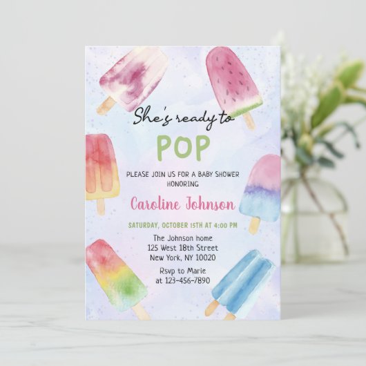 Sie ist bereit zum Pop einer Kinderdusche in Aquar Einladung (Stehend Vorderseite)