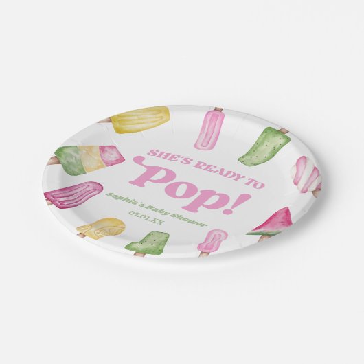 Sie ist bereit zum Pop einer rosa Kinderdusche Pappteller (Schrägansicht)