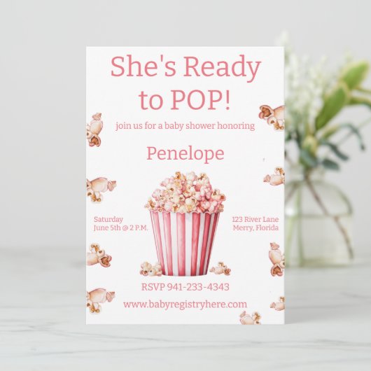 Sie ist bereit zum Pop Rosa Einladung (Stehend Vorderseite)