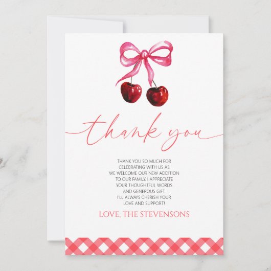 Sie ist die Cherry auf der Top Bow Cherry Baby Dus Dankeskarte (Vorderseite)