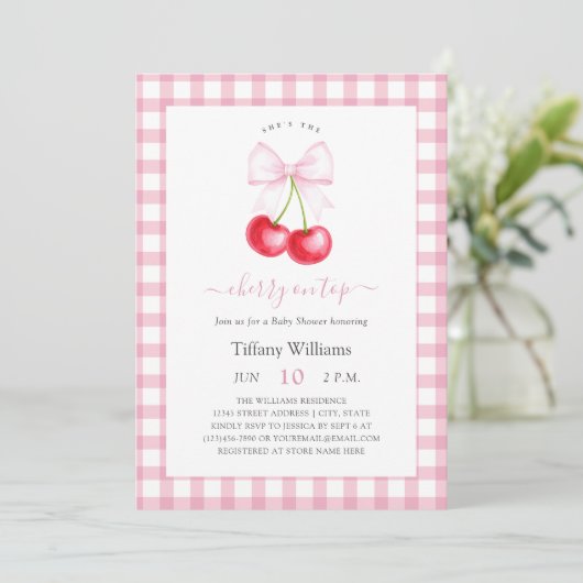 Sie ist die Cherry auf der Whimsical Bow Baby Dusc Einladung (Stehend Vorderseite)