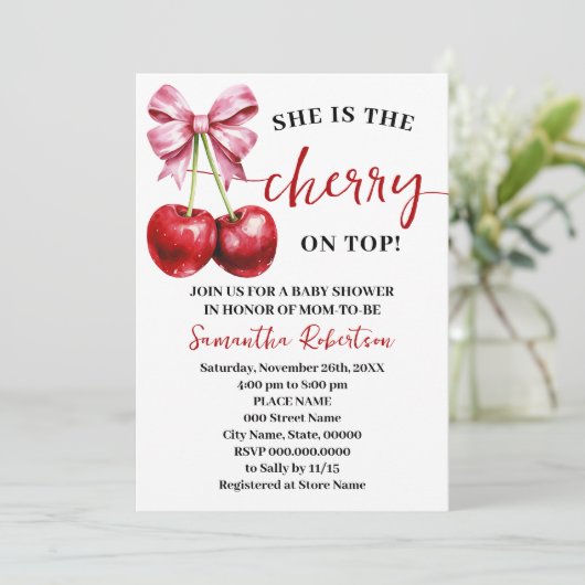 Sie ist die Cherry auf Top Pink Coquette Baby Dusc Einladung (Stehend Vorderseite)