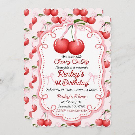 Sie ist draußen kleine Cherry auf Top Bow Coquette Einladung (Vorne/Hinten)
