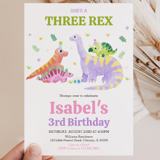 Sie ist ein Drei-Rex-Trex-Dinosaurier-Geburtstag Einladung