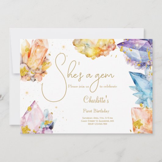 Sie ist ein Gem Birthday Crystals Girl's Aquarell Einladung (Vorderseite)