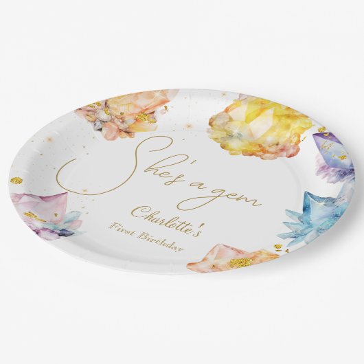 Sie ist ein Gem Birthday Crystals Girl's Aquarell Pappteller (Schrägansicht)