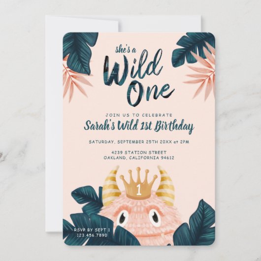 Sie ist ein Wild One Pink Monster & Tropical Jungl Einladung (Vorderseite)