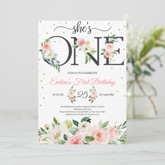 Sie ist eine blumengeschmückte Briefe und rot-rosa Einladung (Stehend Vorderseite)