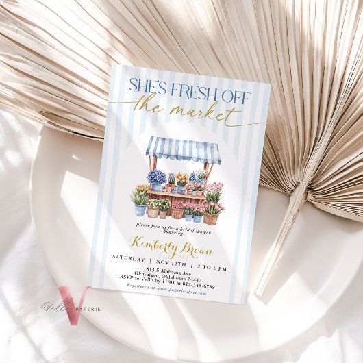 Sie ist frisch vom Market Blue Brautparty Einladung