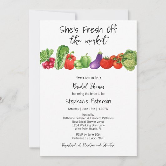Sie ist frisch vom Markt für pflanzliches Brautpar Einladung (Vorderseite)