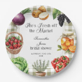 Sie ist frisch vom Markt Gingham-Brautdusche Pappteller (Vorderseite)