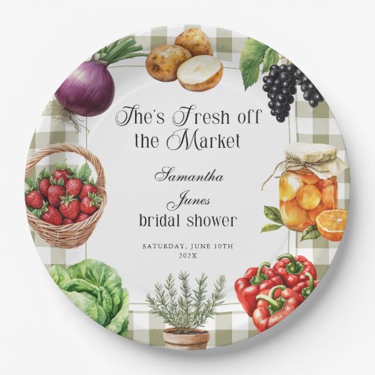 Sie ist frisch vom Markt Gingham-Brautdusche Pappteller (Vorderseite)