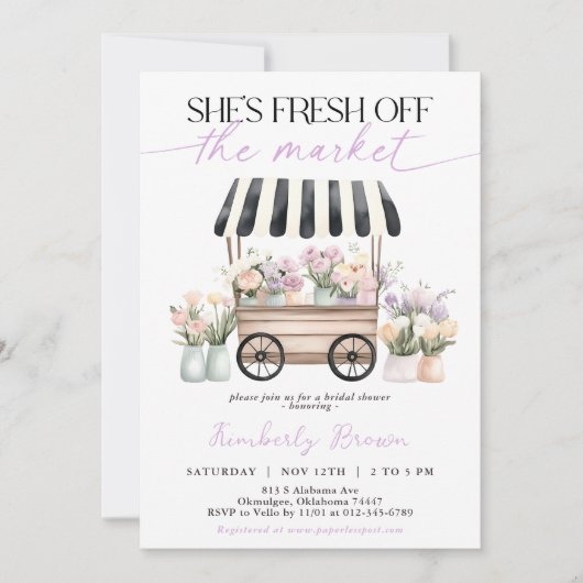Sie ist frisch vom Markt Lila Brautparty Einladung (Vorderseite)