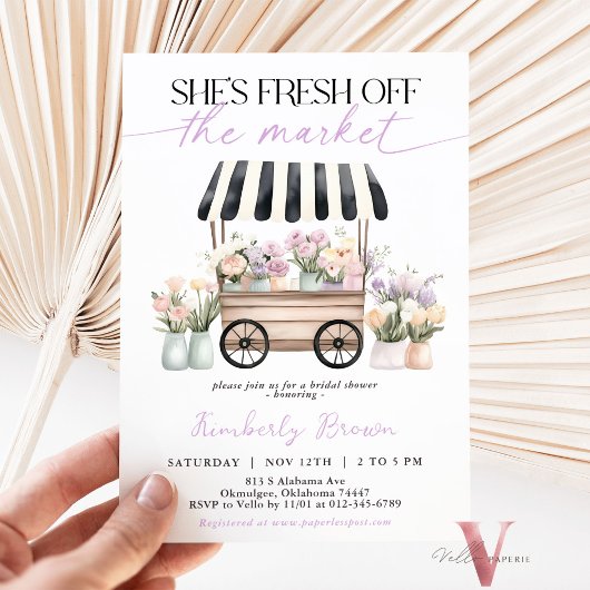 Sie ist frisch vom Markt Lila Brautparty Einladung