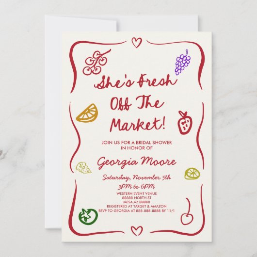 Sie ist frisch vom Markt, Whimsikisches Brautparty Einladung (Vorderseite)