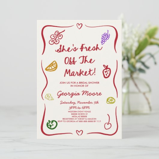 Sie ist frisch vom Markt, Whimsikisches Brautparty Einladung (Stehend Vorderseite)