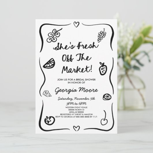 Sie ist frisch vom Markt, Whimsikisches Brautparty Einladung (Stehend Vorderseite)