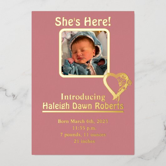 Sie ist hier Ankündigung von Foil & Foto Geburt (Vorderseite)