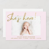 Sie ist hier Gold und Blush Handgeschriebenes Foto Ankündigung (Vorne/Hinten)