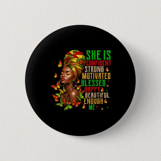 Sie ist stark gebildete gesegnete schwarze Geschic Button (Vorderseite)