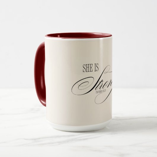 Sie ist starke Sprichwörter 31:25 Tasse (Vorderseite Links)