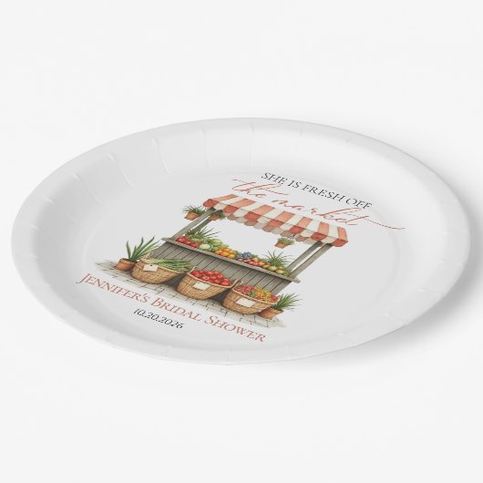 Sie ist vom Markt für Bauern-Brautparty abgeschnit Pappteller (Schrägansicht)