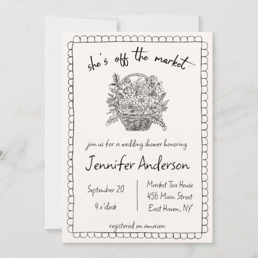 "Sie ist vom Markt" Handgezeichnetes Brautparty Einladung (Vorderseite)
