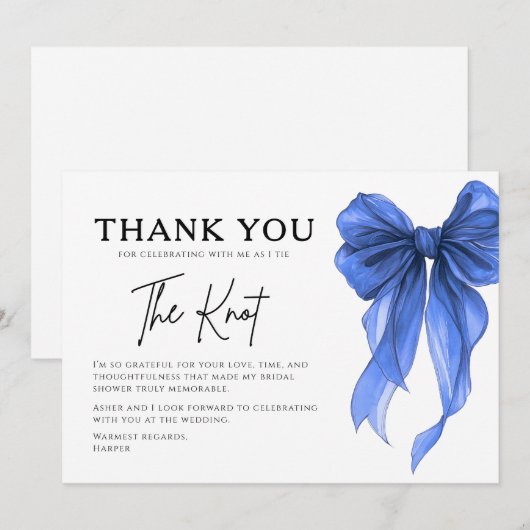 Sie knüpft den Knoten Blaue Schleife Brautparty Dankeskarte (Vorne/Hinten)