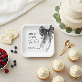 Sie knüpft den Knoten Schwarze Schleife Brautparty Pappteller