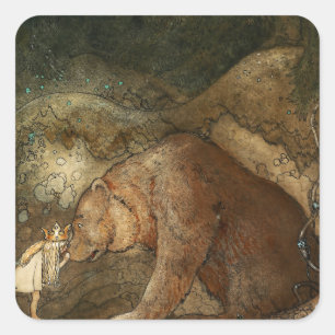 „Sie küsste den Bären“ von John Bauer Quadratischer Aufkleber