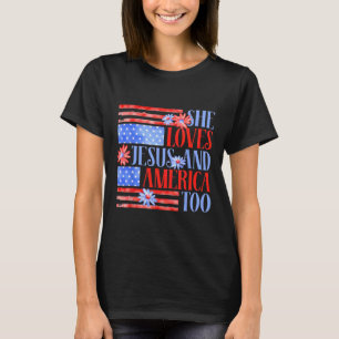 Sie liebt Jesus und Amerika auch USA-Flagge Floral T-Shirt