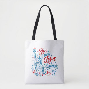 Sie liebt Jesus und Amerika zu sehr 4. Juli Christ Tasche
