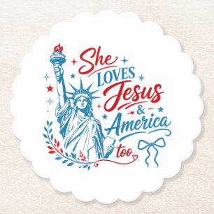 Sie liebt Jesus und Amerika zu sehr 4. Juli Christ Untersetzer