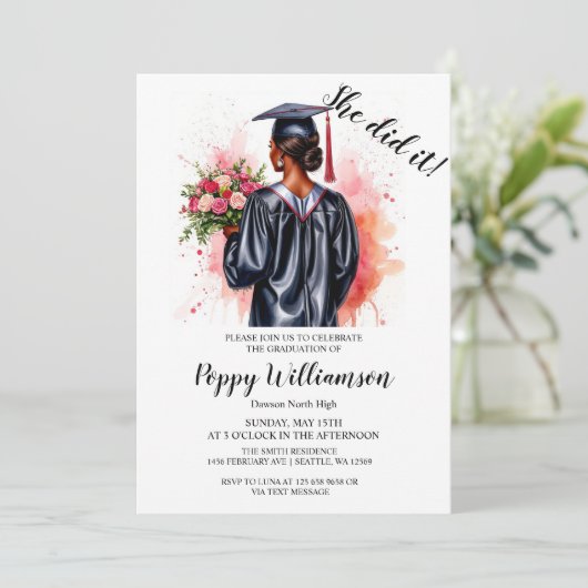 Sie machte es Aquarell Abschluss Einladung (Stehend Vorderseite)