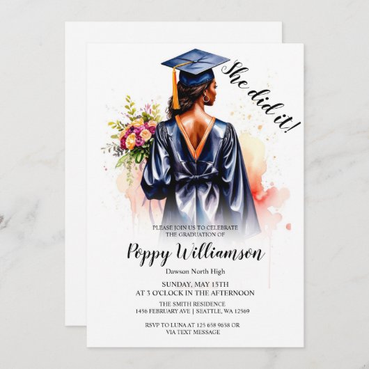 Sie machte es Aquarell Abschluss Einladung (Vorne/Hinten)