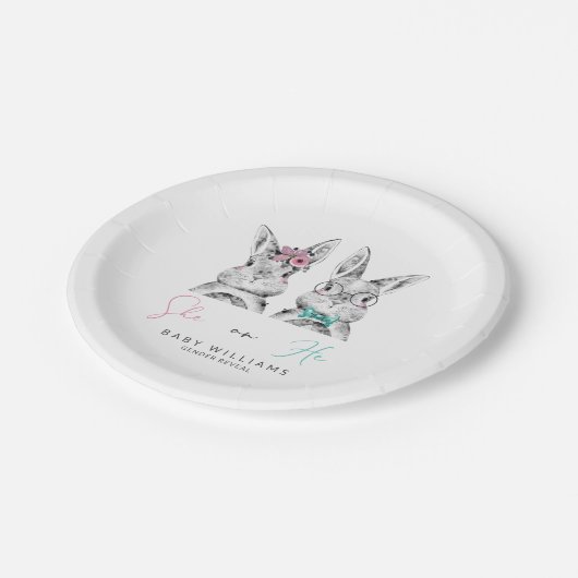 Sie oder He Pink & Blue Bunny Gender Reveal Dusche Pappteller (Schrägansicht)
