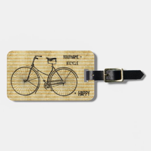 Sie plus Fahrrad entsprechen glücklichem antikem Gepäckanhänger (Vorderseite horizontal)