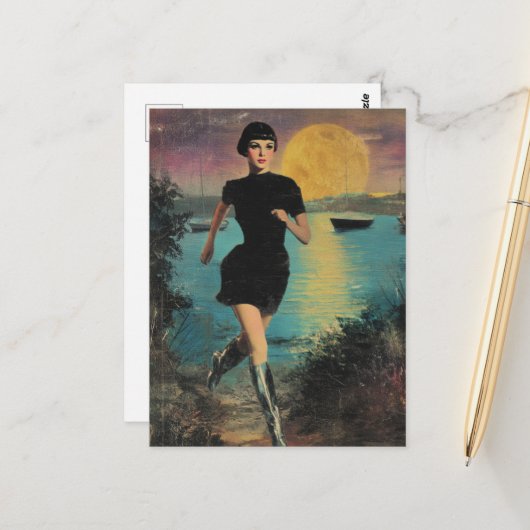 Sie rennt am Strand in einem schwarzen Kleid silbe Postkarte (Vorderseite/Rückseite Beispiel)