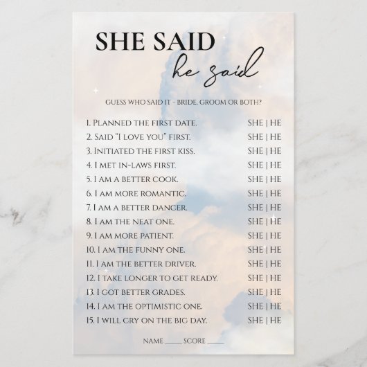 Sie sagte, er sagte Brautparty Game Cloud Nine Flyer (Vorne)