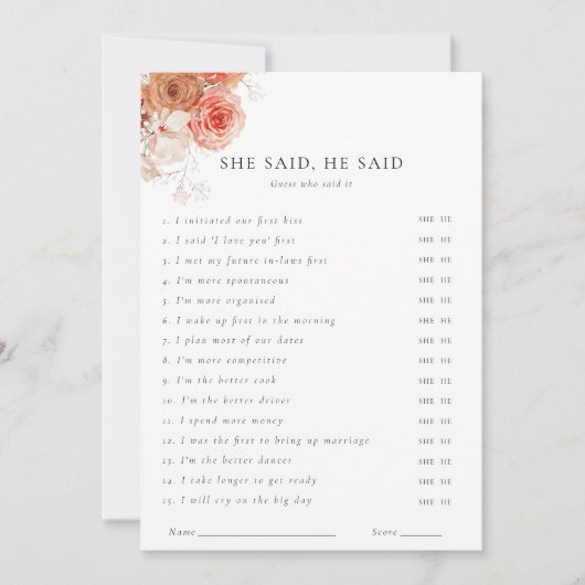 Sie sagte, er sagte Herbst Floral Brautparty Game Einladung (Vorderseite)