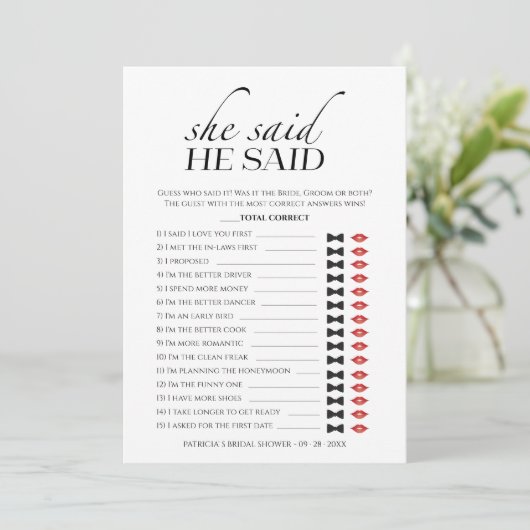 Sie sagte, er sagte Minimalis Brautparty Game Card Einladung (Stehend Vorderseite)