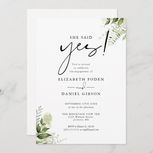 Sie sagte ja, Blumengrün Engagement Partei Einladung (Vorne/Hinten)