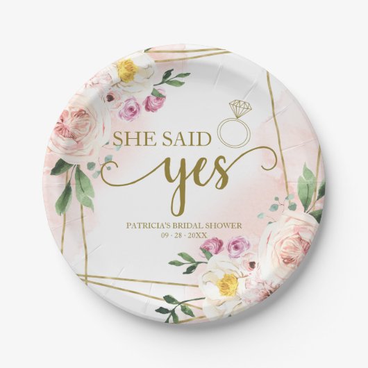 Sie sagte ja, blush-Brautparty Pappteller (Vorderseite)