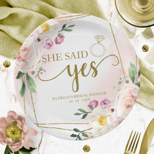 Sie sagte Ja Blush Florale Geometrische Hochzeitsd Pappteller