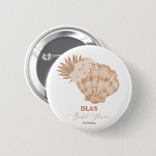 Sie sagte ja Boho Beach Seashell Brautparty Button (Vorne & Hinten)