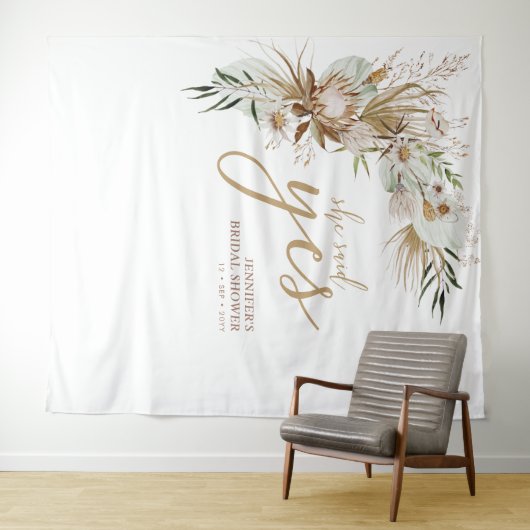 Sie sagte ja | Boho Bridal Polterabend Decor Wandteppich (Beispiel (Horizontal))