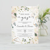 Sie sagte ja boho Elfenbein Rose Grünpflanzen Verl Einladung (Stehend Vorderseite)