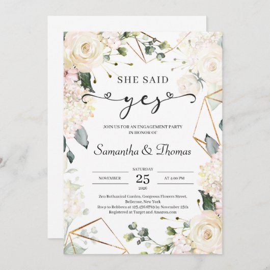 Sie sagte ja boho Elfenbein Rose Grünpflanzen Verl Einladung (Vorne/Hinten)