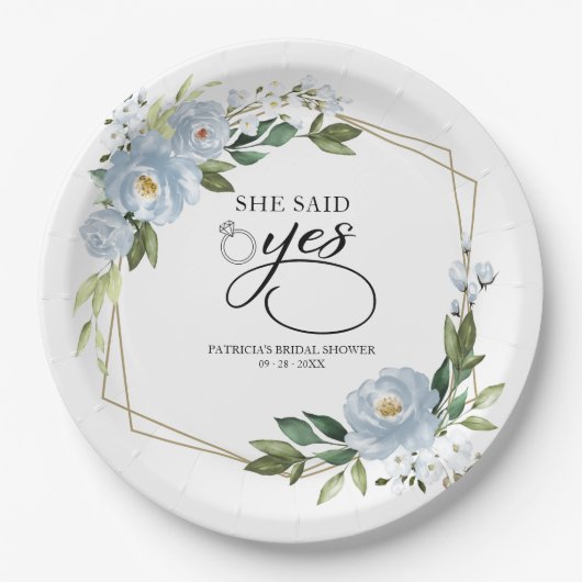 Sie sagte ja dusty Blue Geometric Brautparty Pappteller (Vorderseite)
